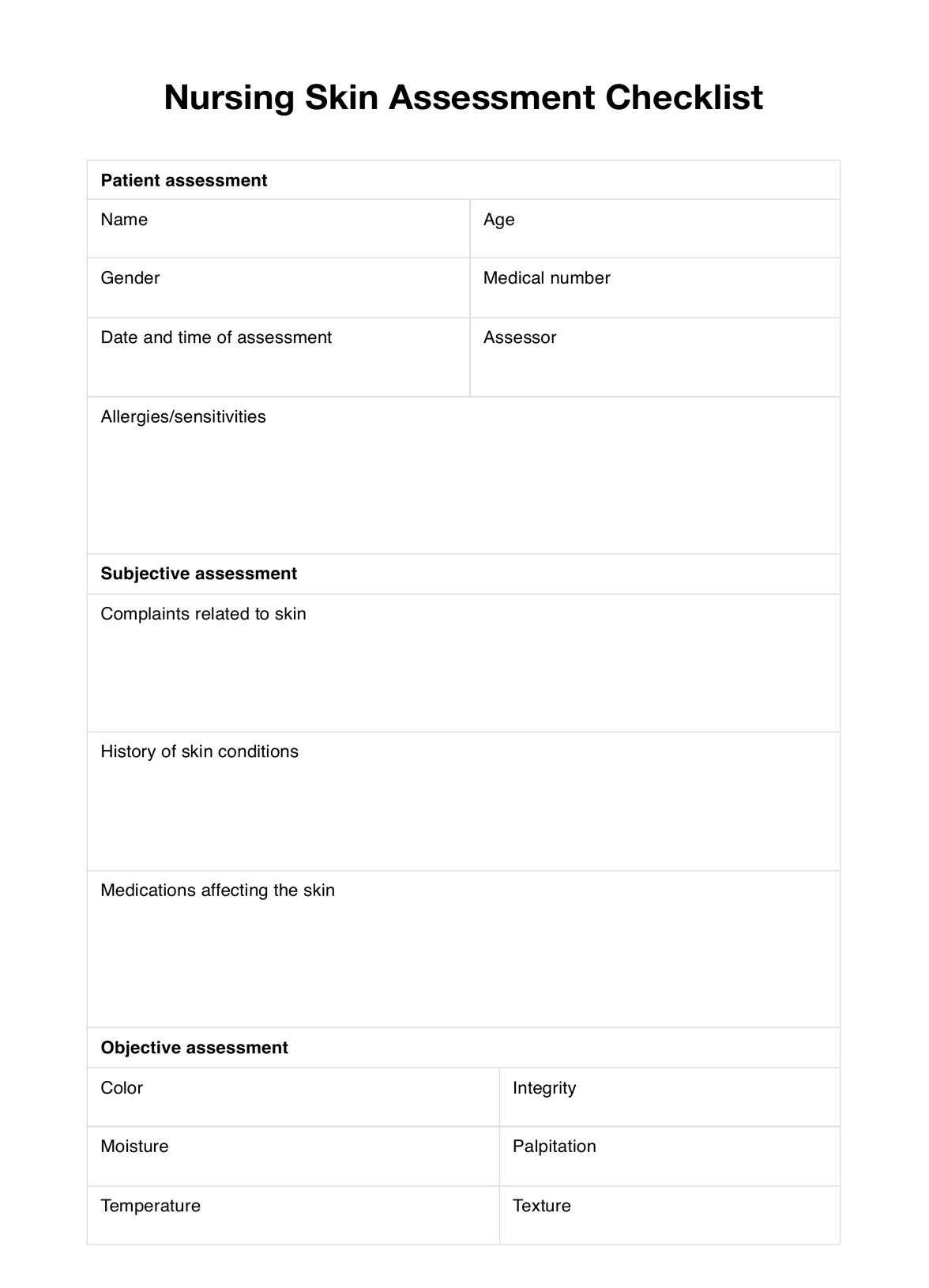 Nursing Skin Assessment Checklist PDF Example