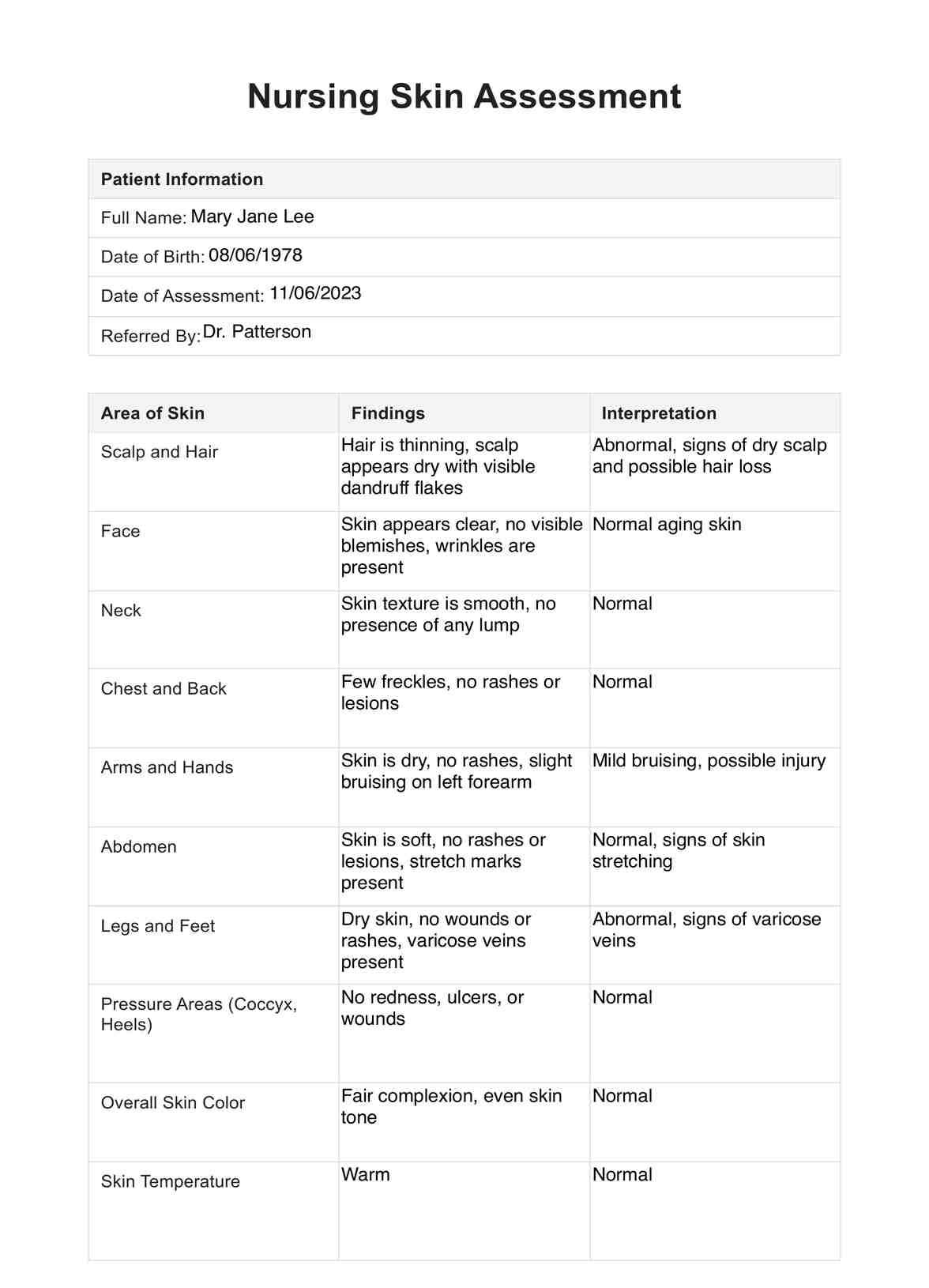 Nursing Skin Assessment PDF Example