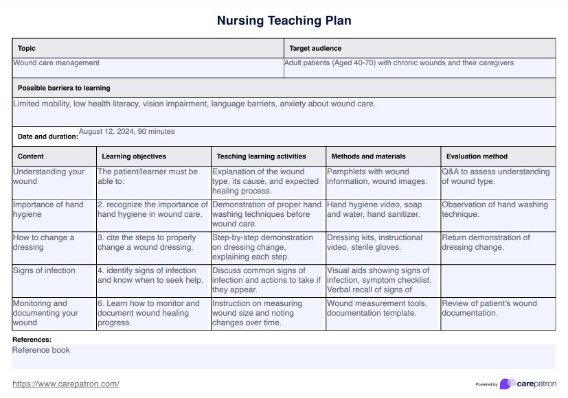 नर्सिंग टीचिंग प्लान PDF Example