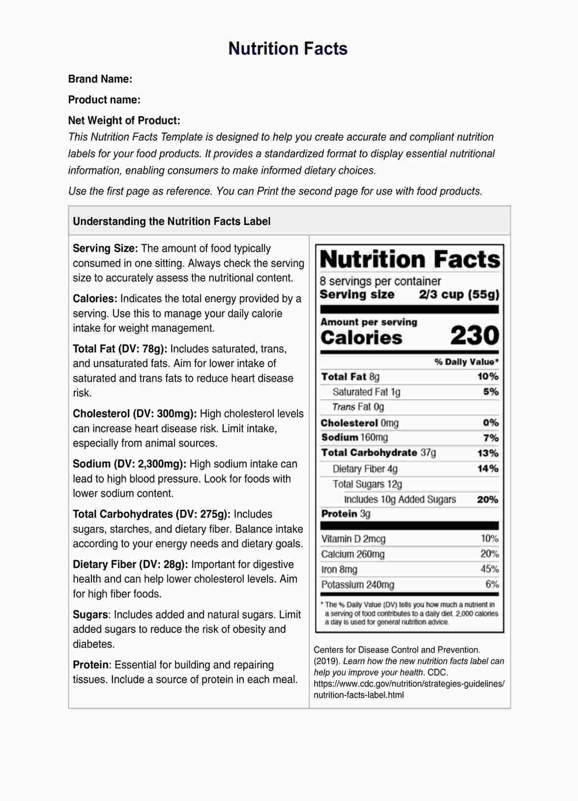 Printable Nutrition Fact Template PDF Example
