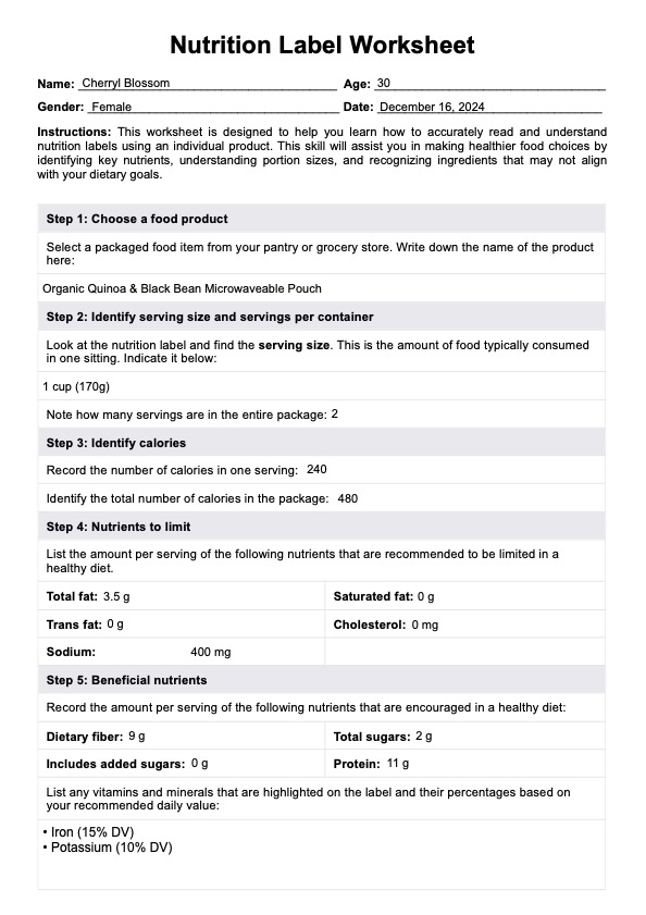 Nutrition Label Worksheet PDF Example