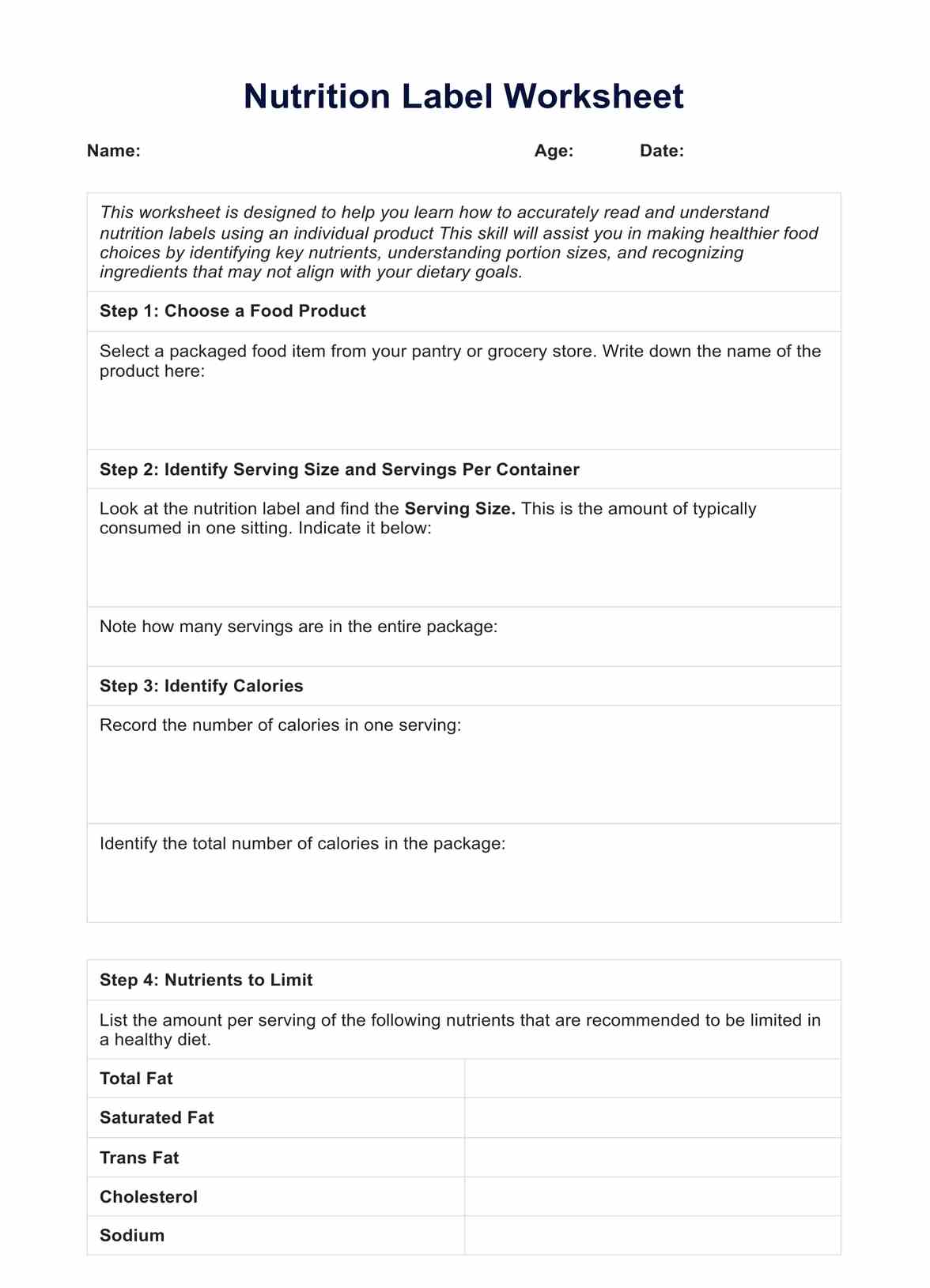 Nutrition Label Worksheet PDF Example