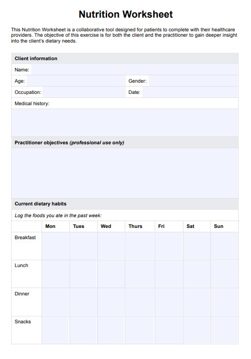 Nutrition Worksheet PDF Example