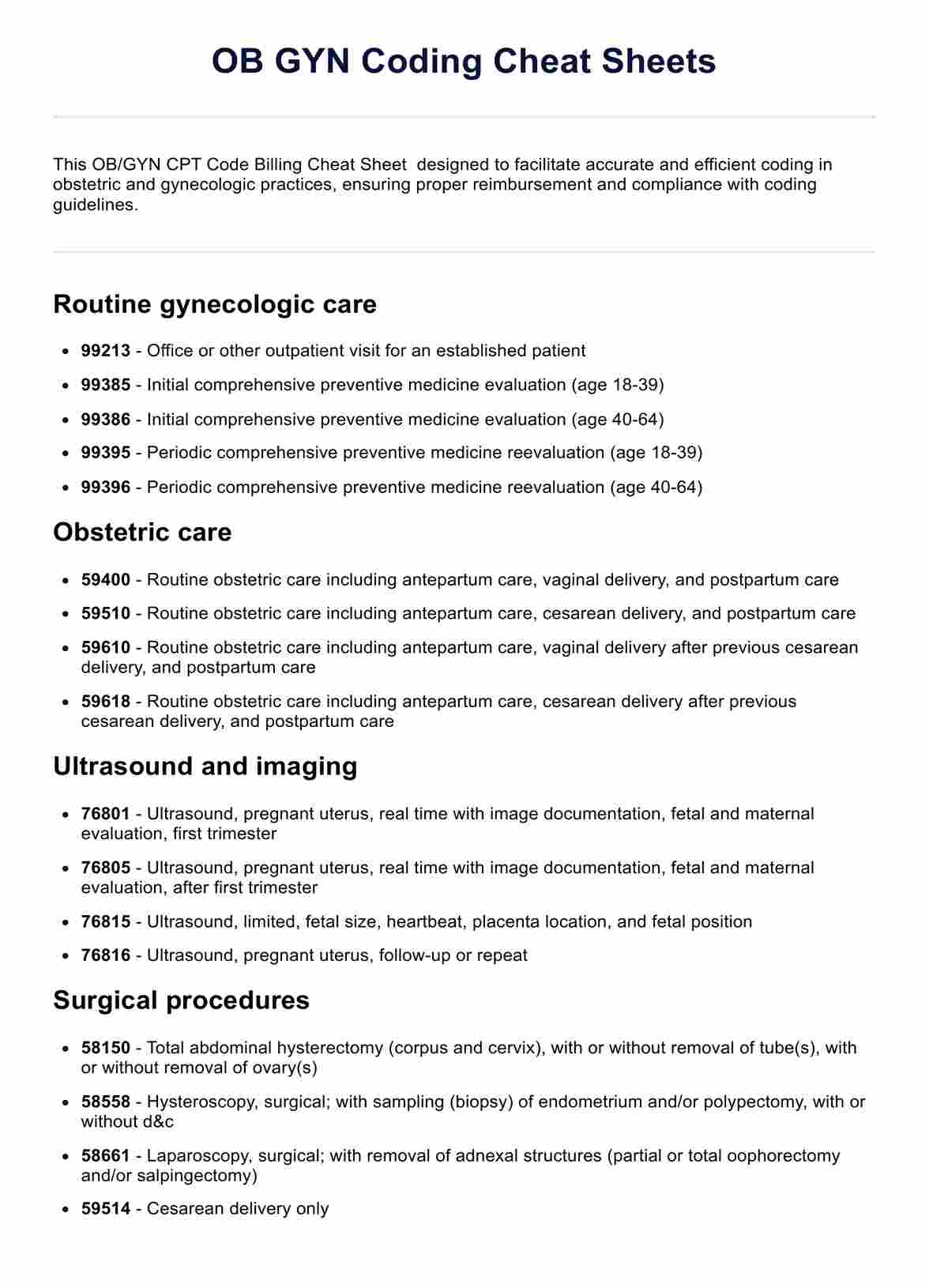 OB GYN Coding Cheat Sheets PDF & Example | Free PDF Download