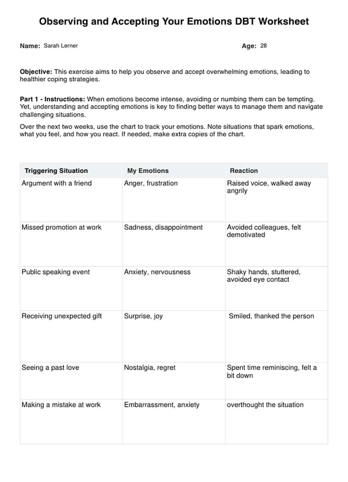 Hoja de ejercicios de observación y aceptación de las emociones PDF Example