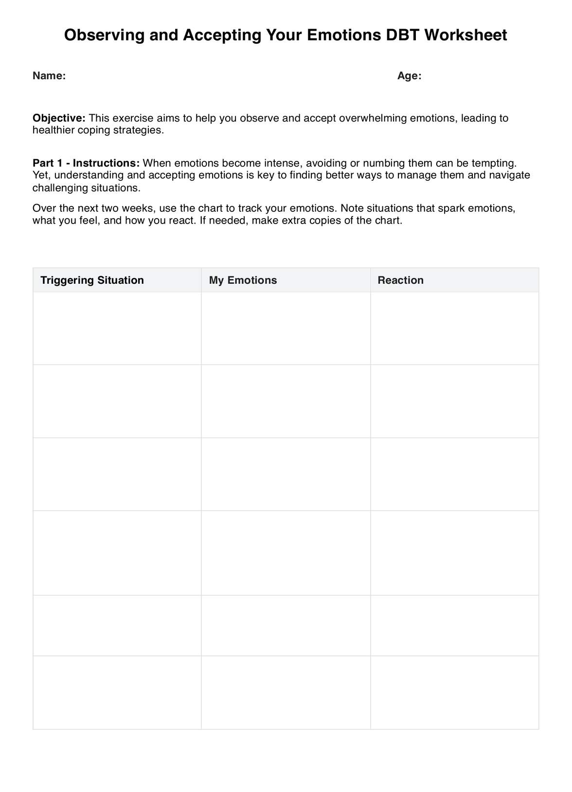 Observing and Accepting Your Emotions DBT Worksheet PDF Example