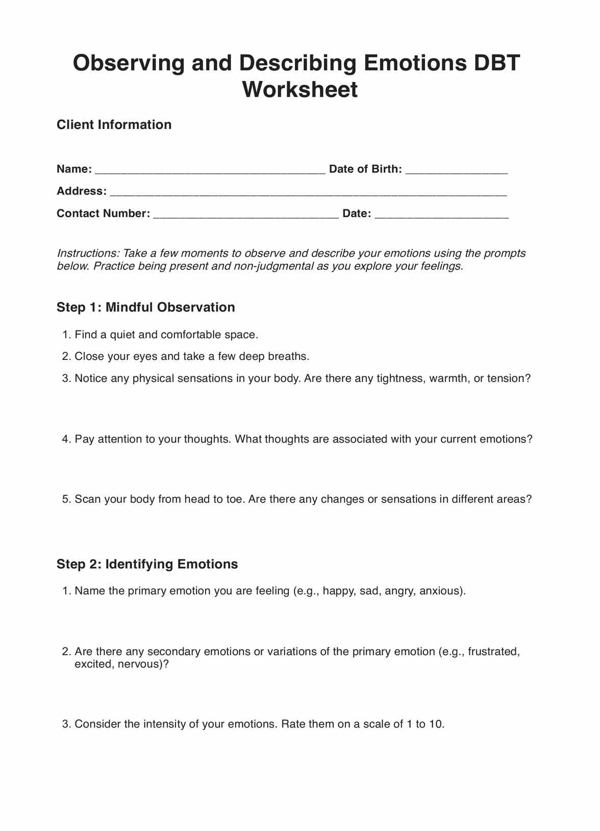 Observing and Describing Emotions DBT Worksheet PDF Example