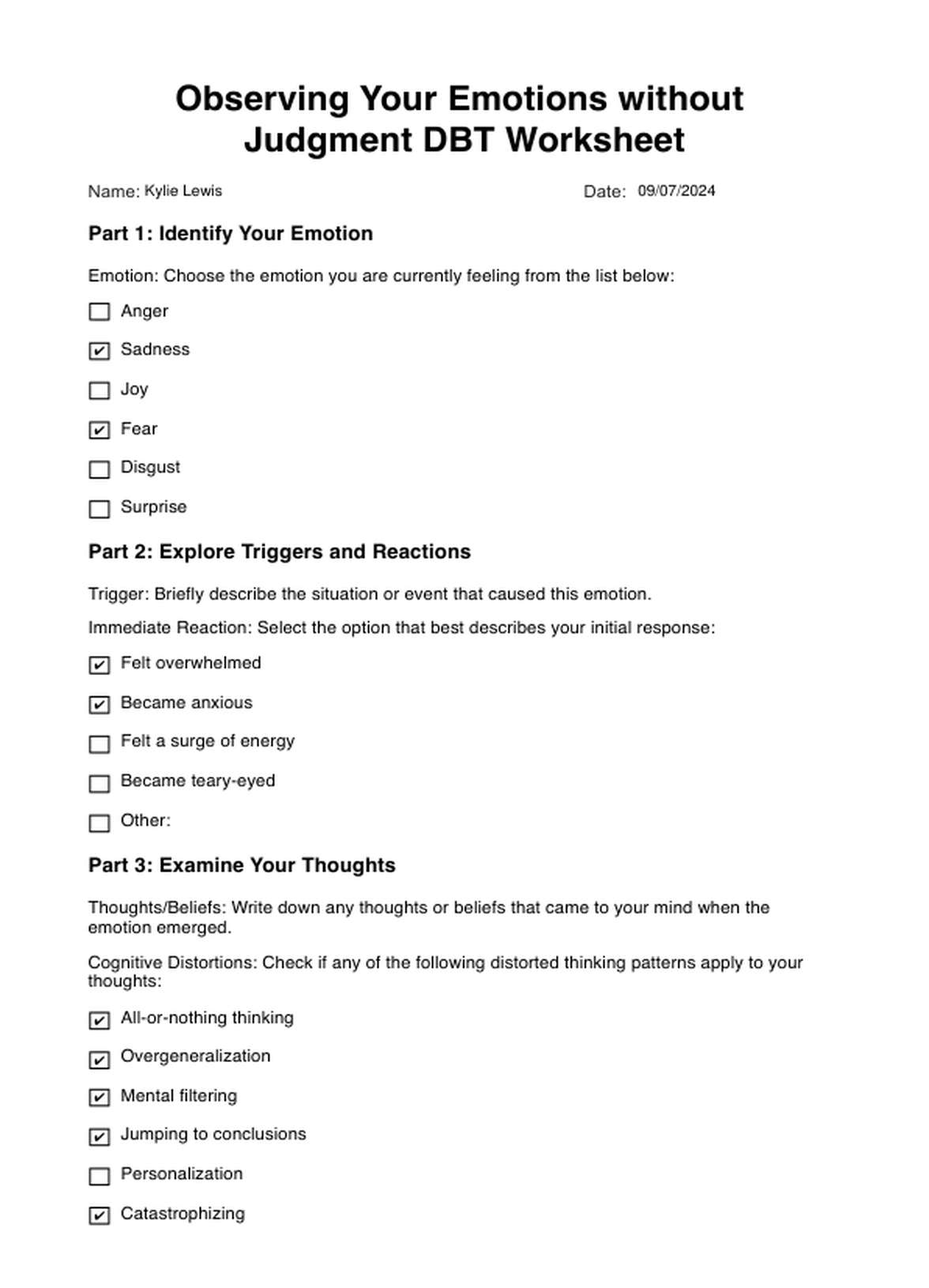 Hoja de ejercicios de observar tus emociones sin juzgar PDF Example