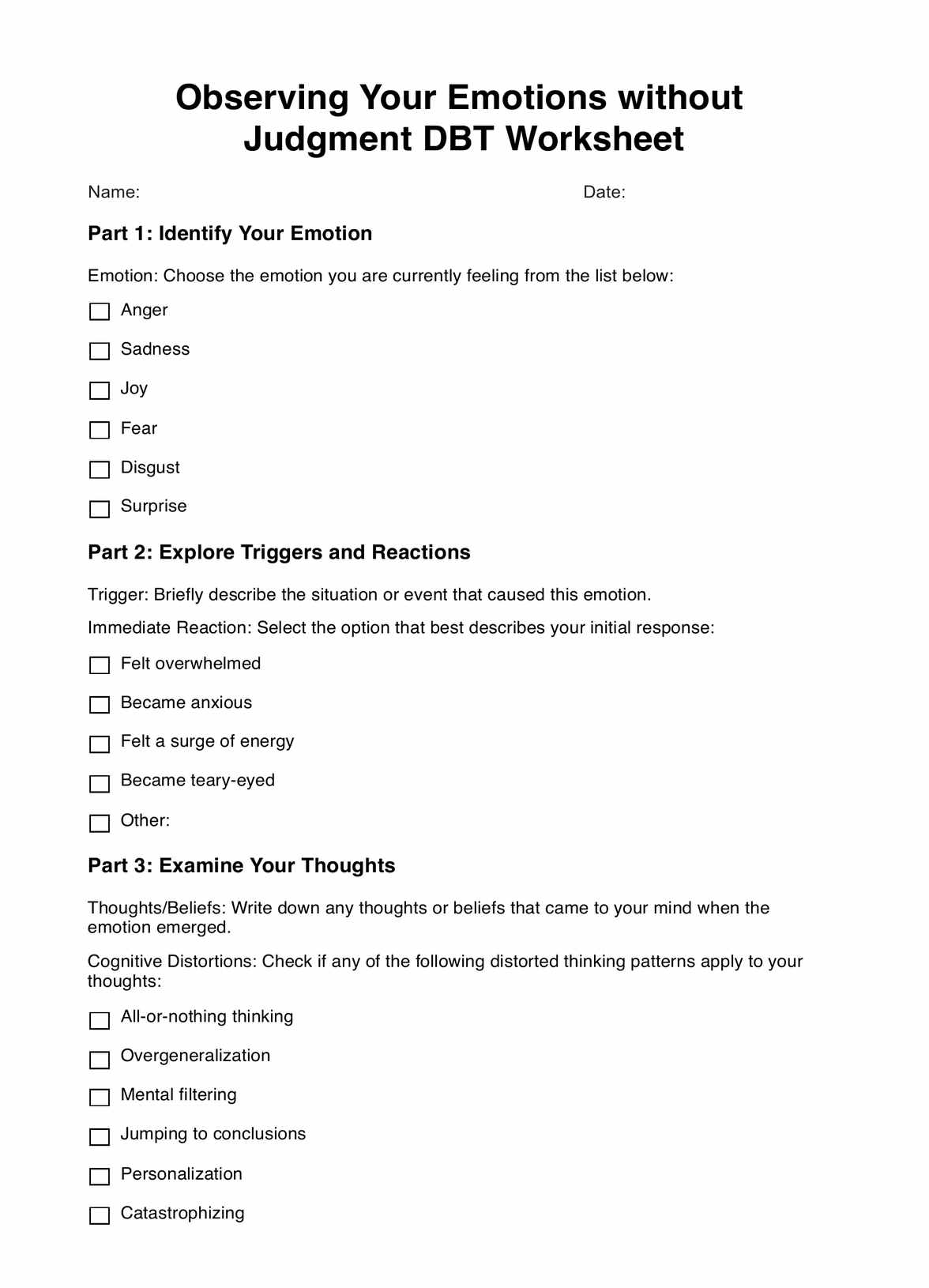 Observing Your Emotions without Judgment DBT Worksheet PDF Example
