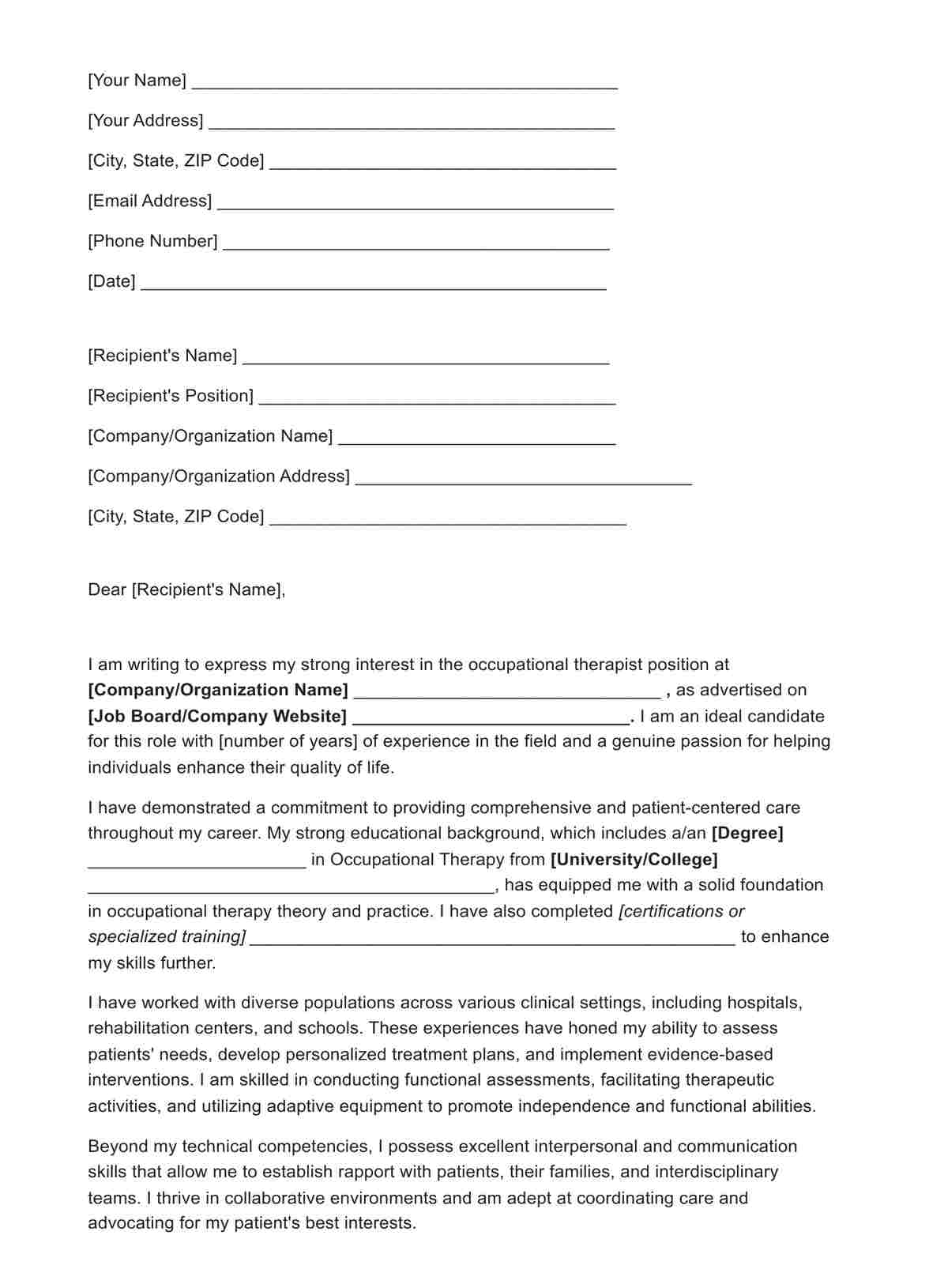 Occupational Therapy Cover Letter PDF Example
