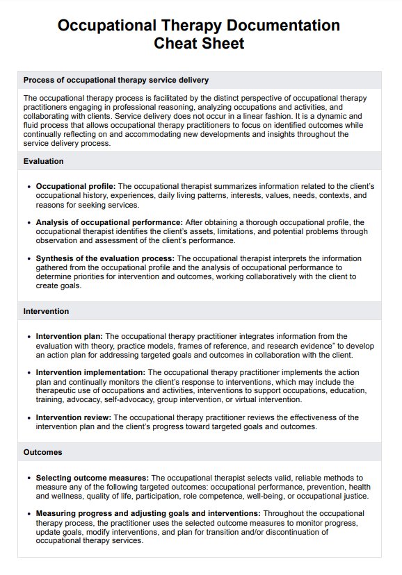 Guía de documentación para terapia ocupacional PDF Example