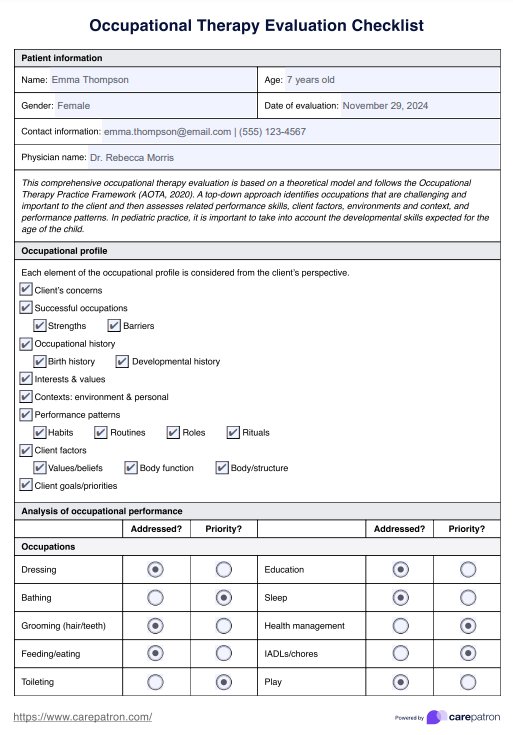 OT Evaluation Checklist PDF Example