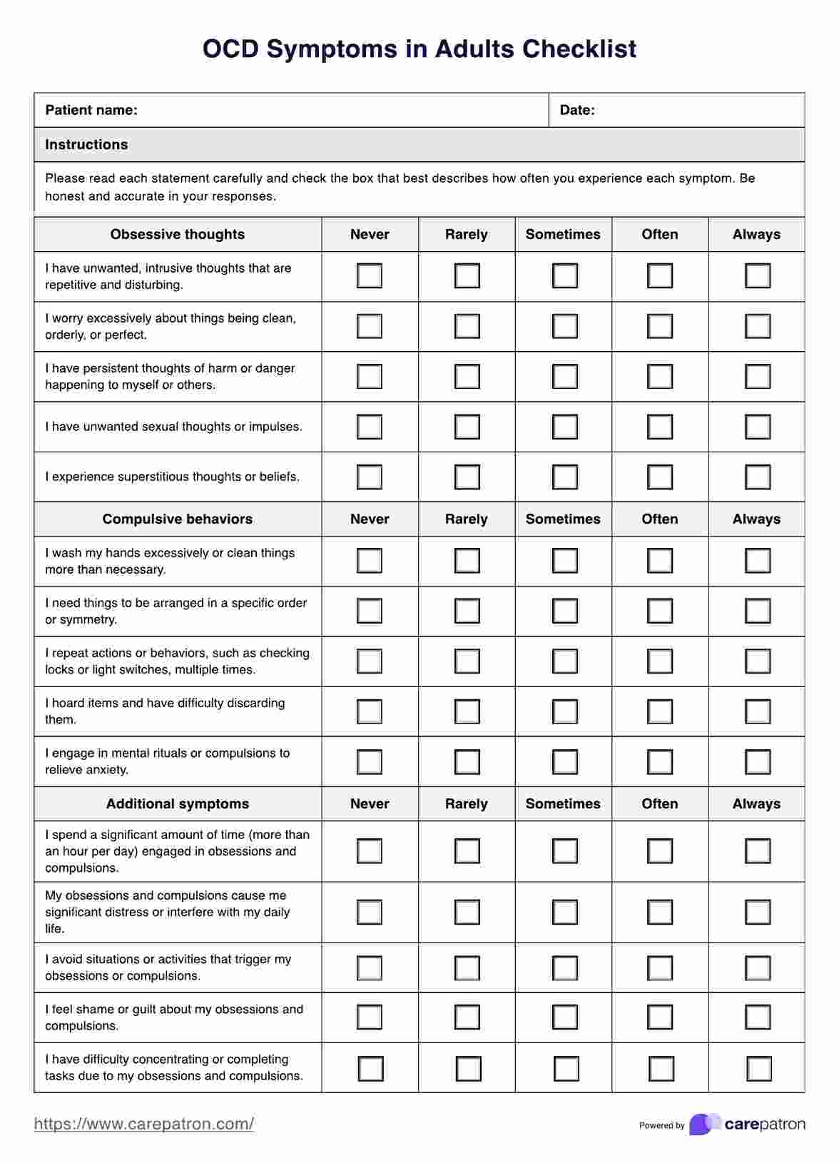 OCD Symptoms In Adults Checklist PDF Example