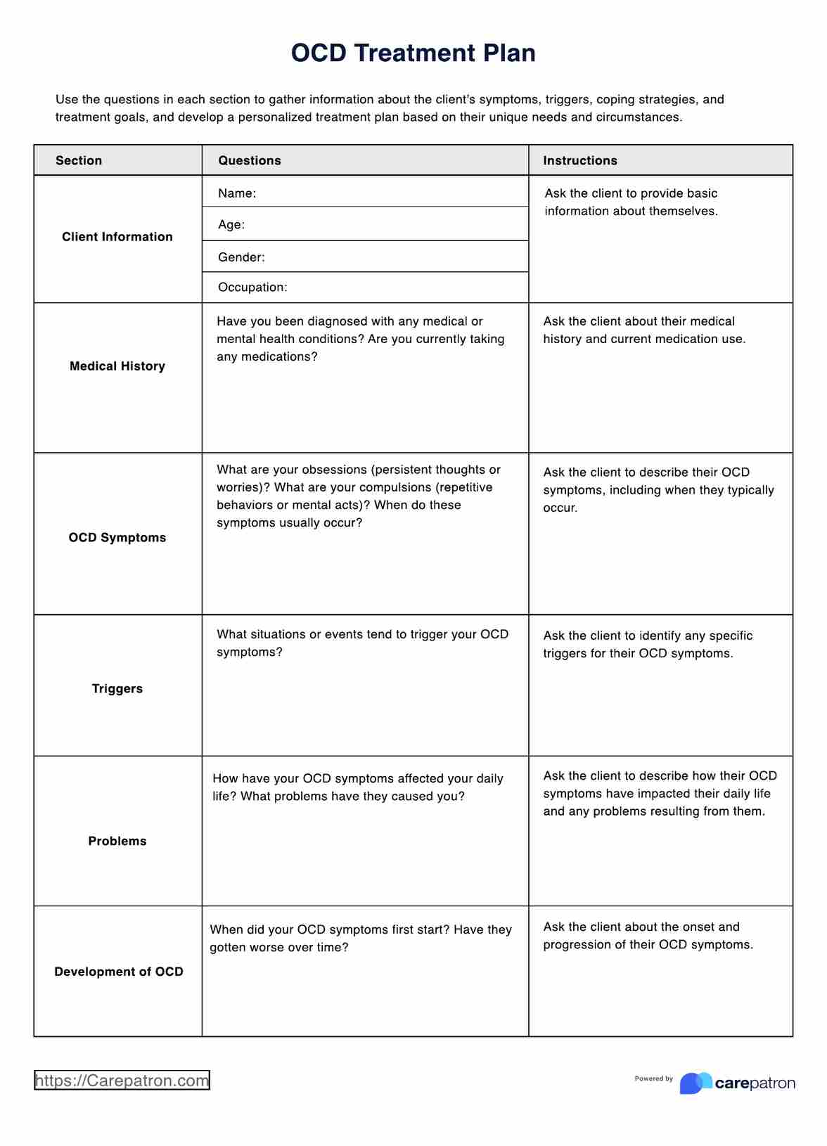 OCD Treatment Plan PDF Example