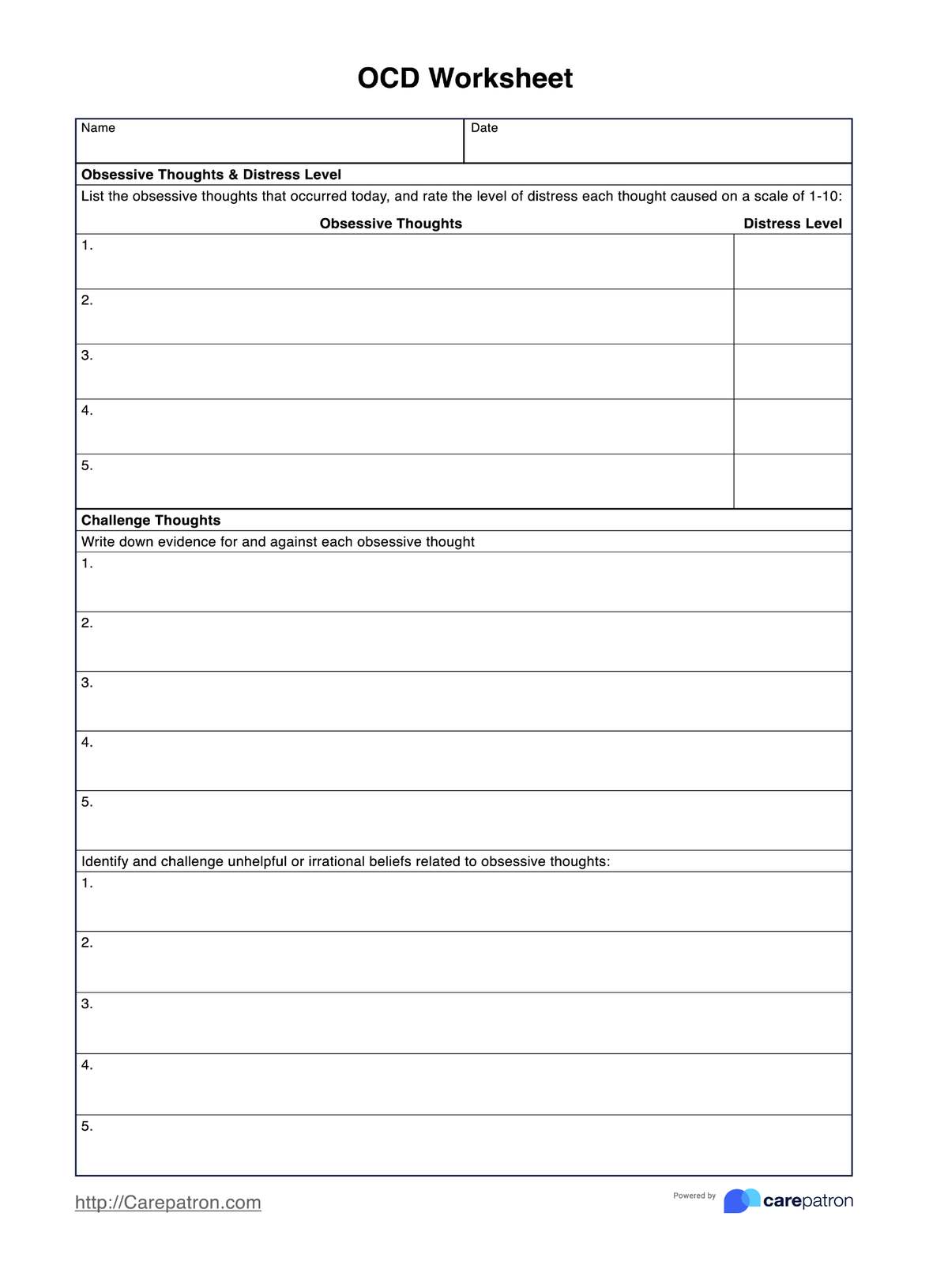 OCD Worksheets PDF Example