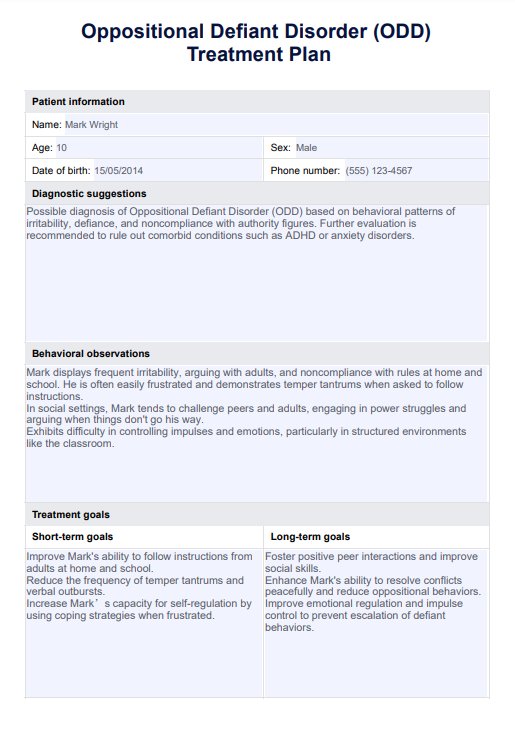 ODD Treatment Plan PDF Example