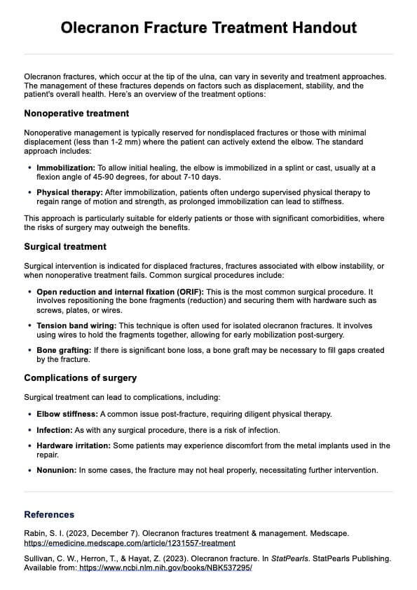 Olecranon Fracture Treatment Handout PDF Example