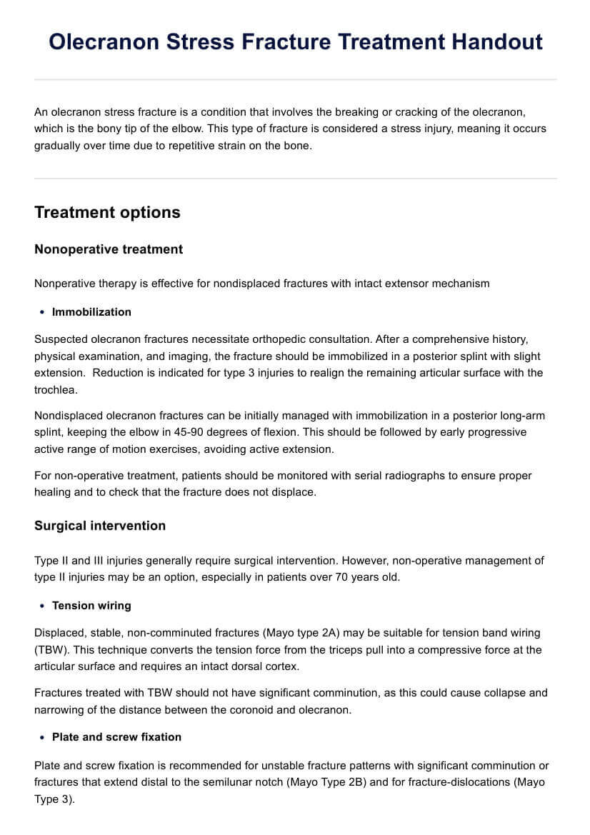 Olecranon Stress Fracture Treatment Handout PDF Example