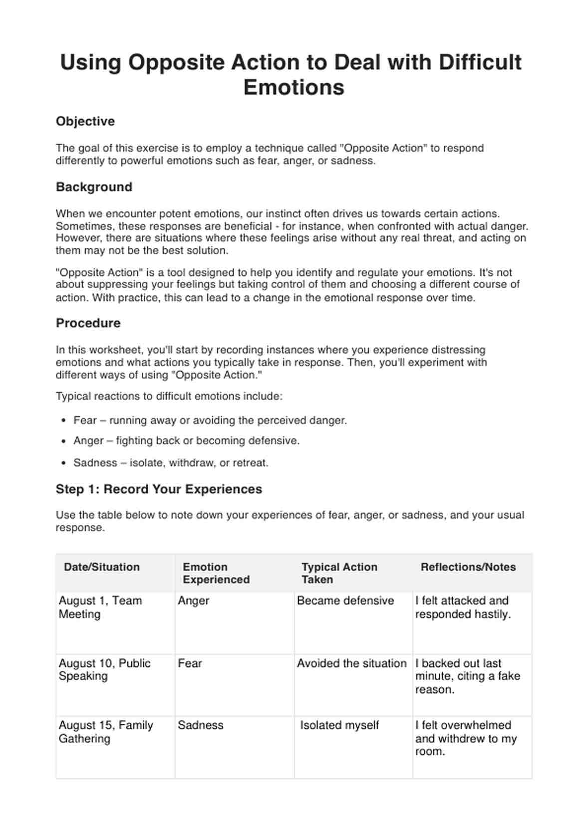 Hoja de ejercicios de acciones opuestas para emociones difíciles PDF Example