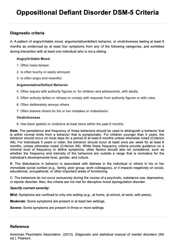 Oppositional Defiant Disorder DSM-5 Criteria PDF Example