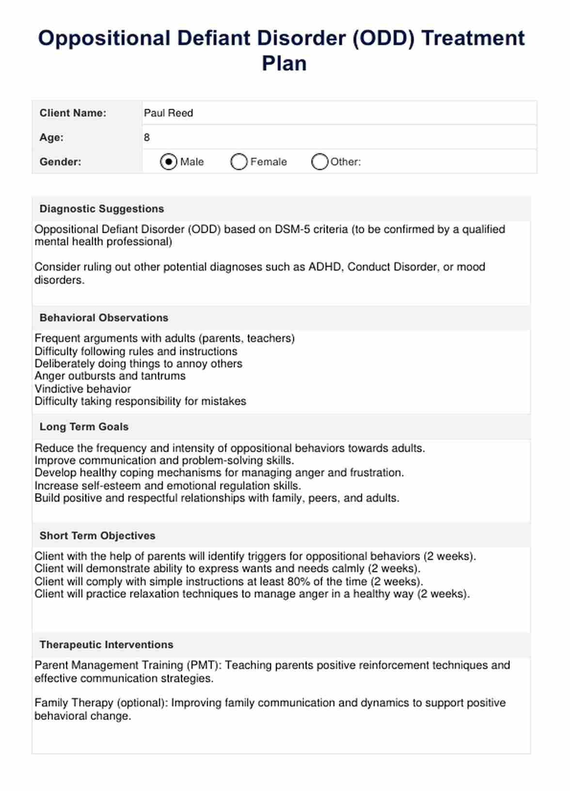 Plan de tratamiento de TND (trastorno negativista desafiante) PDF Example