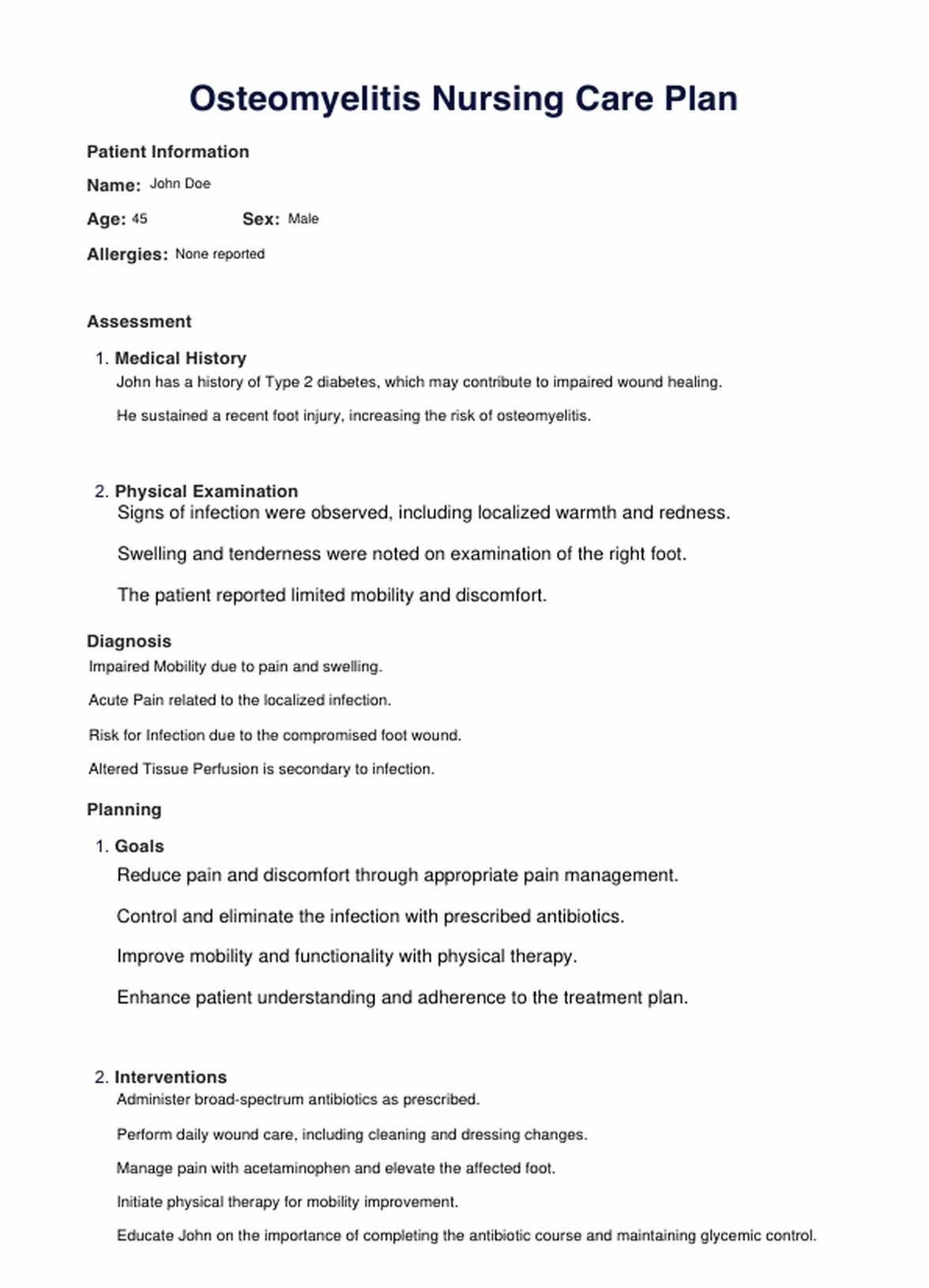 Verpleegkundig zorgplan voor osteomyelitis PDF Example