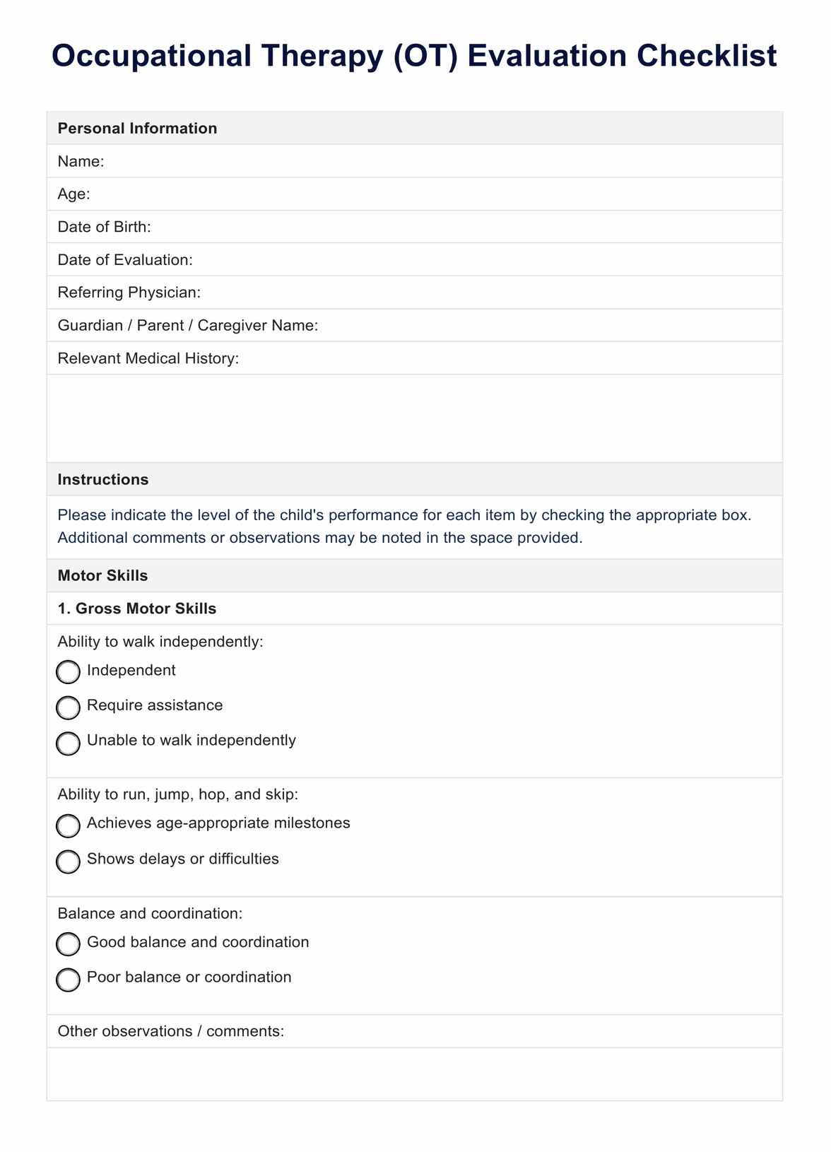 OT Evaluation Checklist PDF Example