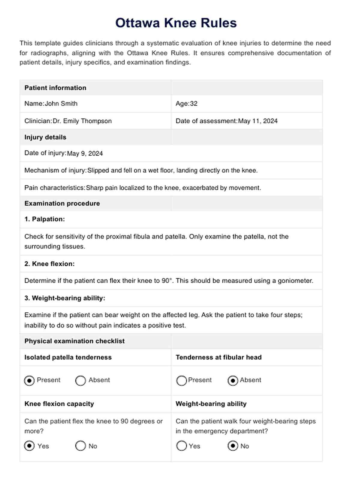 Reglas de ottawa para la rodilla PDF Example