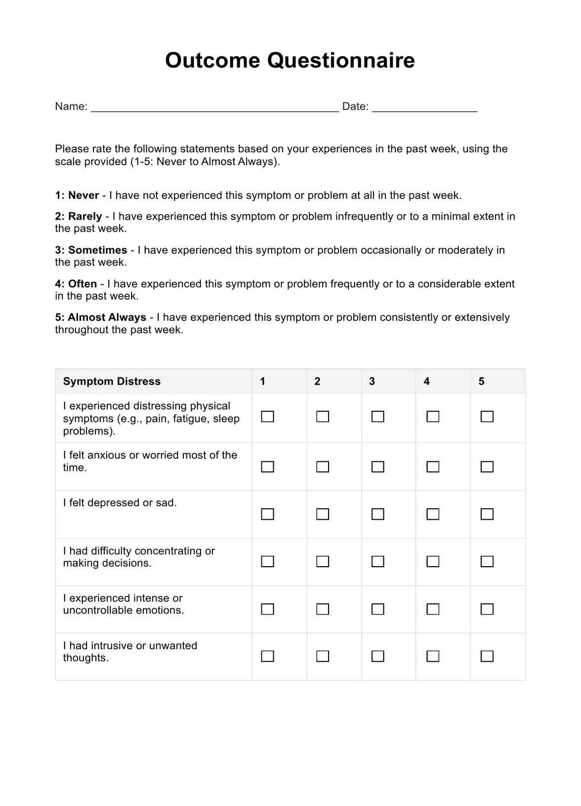 Outcome Questionnaire PDF Example