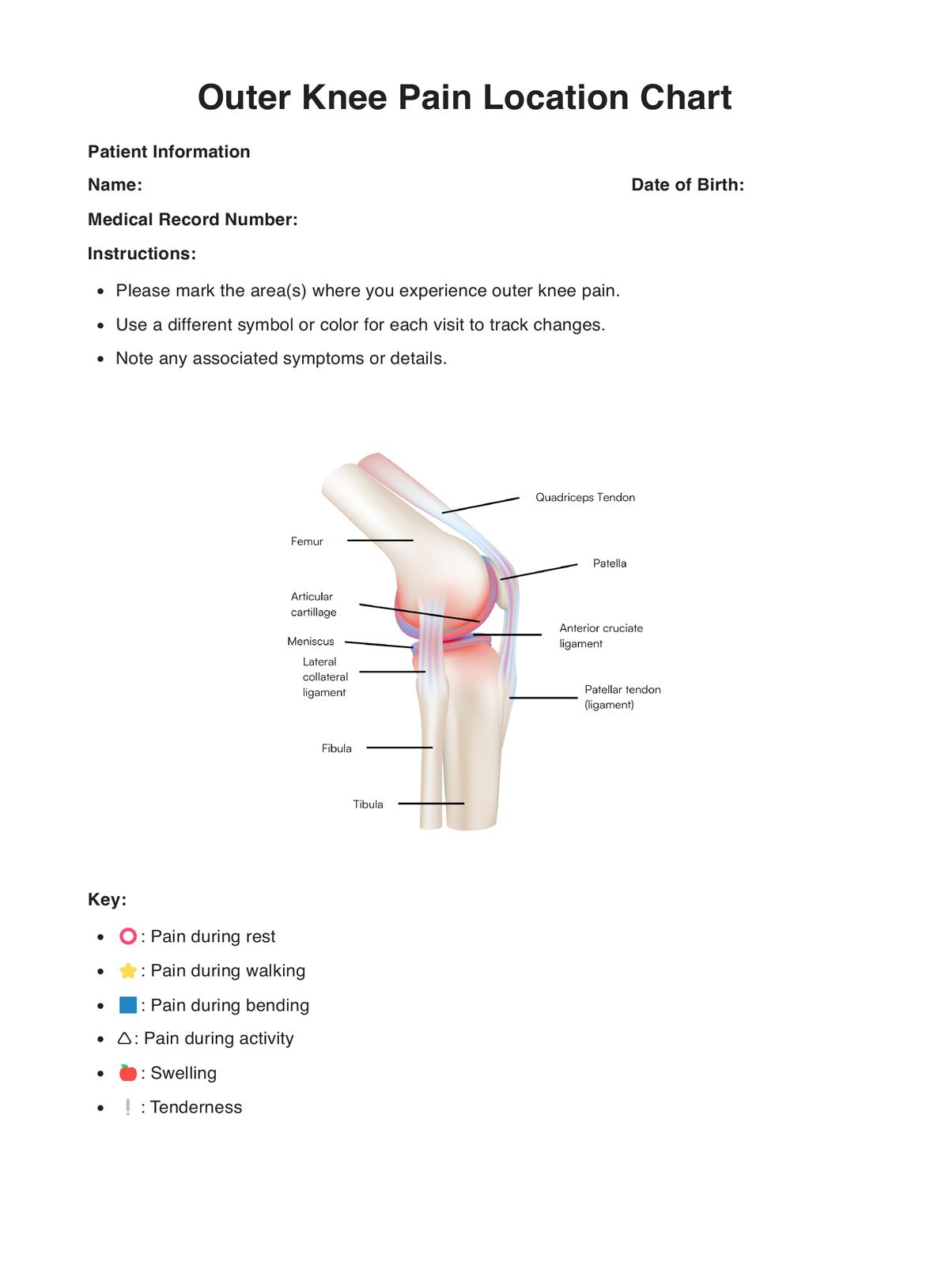 Outer Knee Pain Location Charts PDF Example