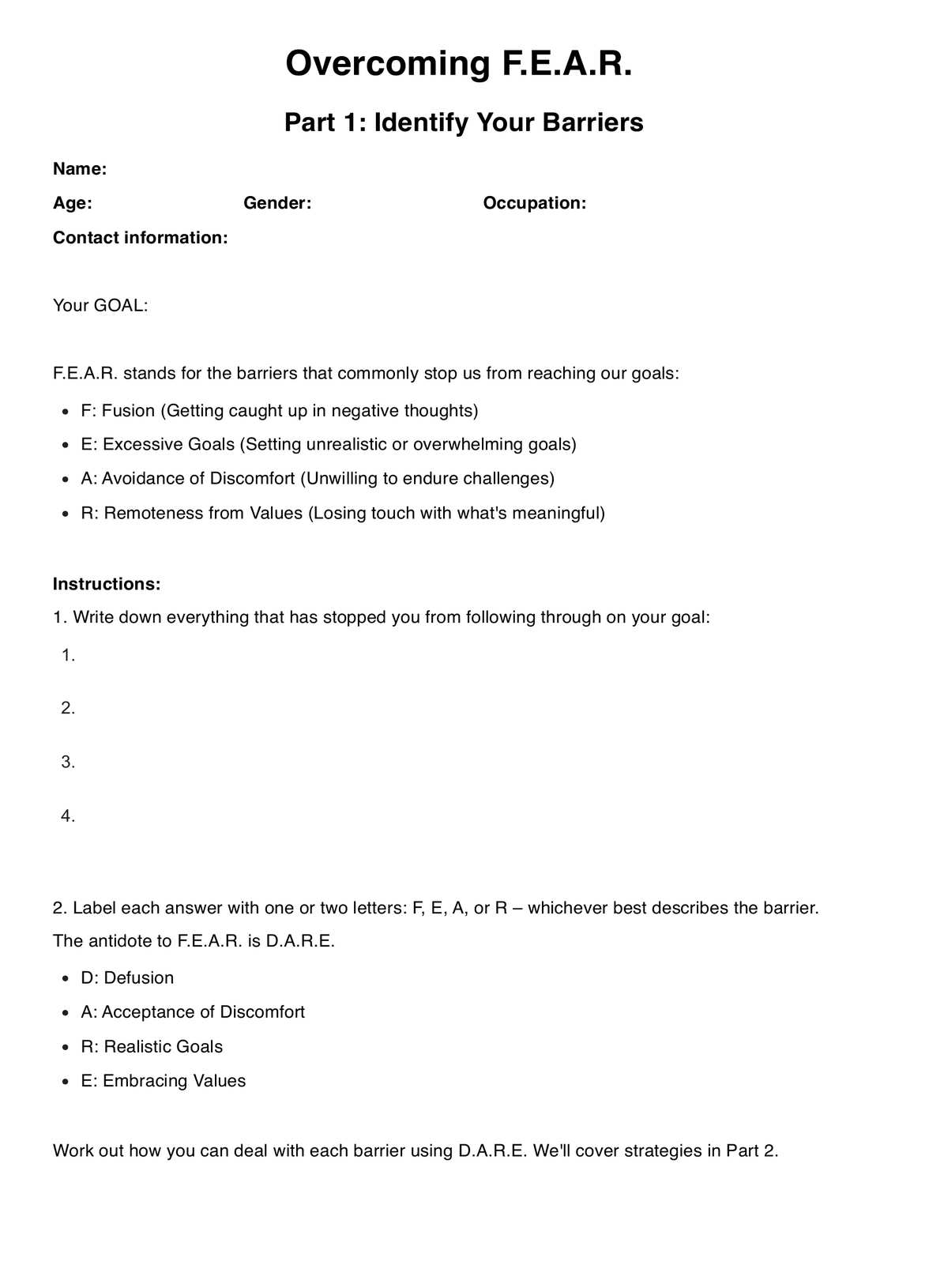 Overcoming FEAR ACT Worksheet PDF Example