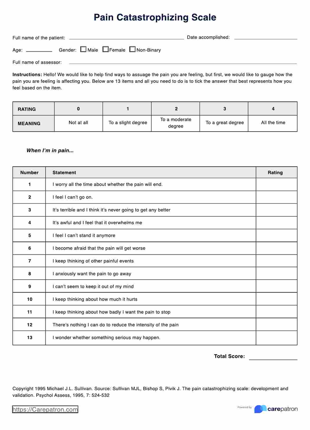 Pain Catastrophizing Scale PDF Example