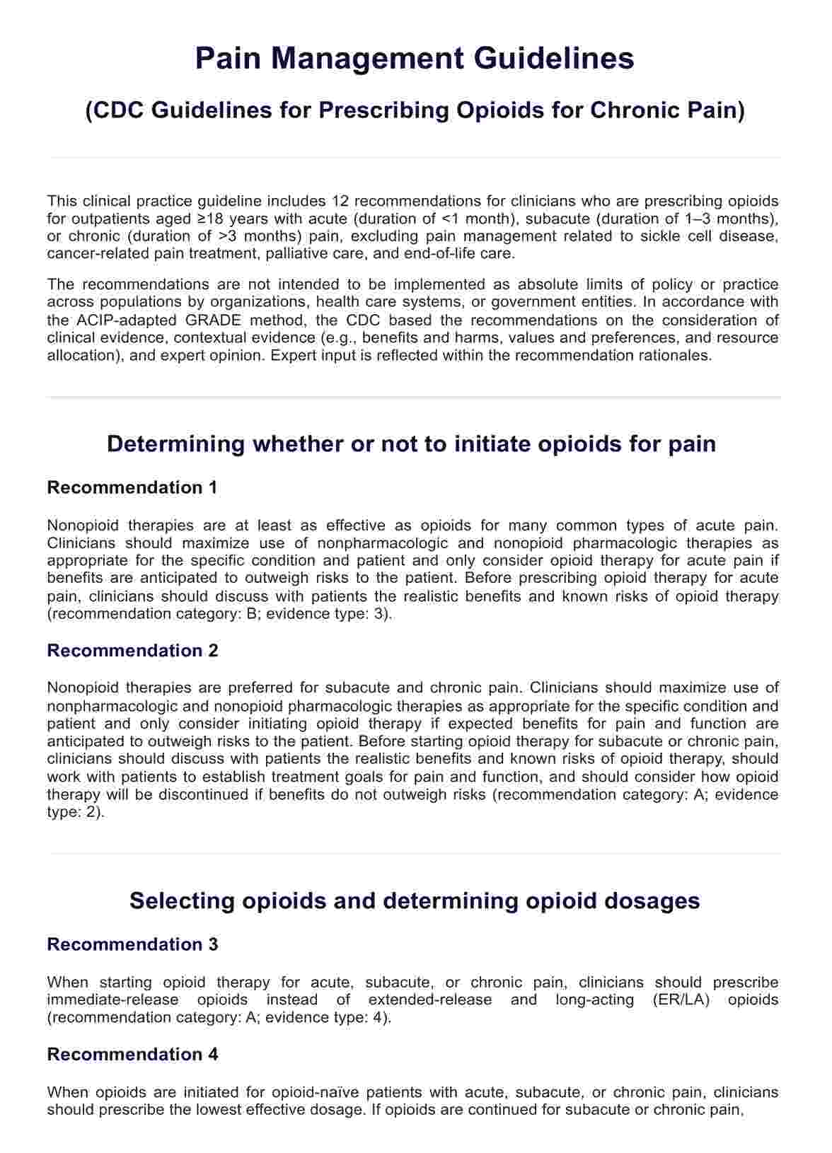 Pain Management Guidelines (CDC Guideline for Prescribing Opioids for Chronic Pain) PDF Example