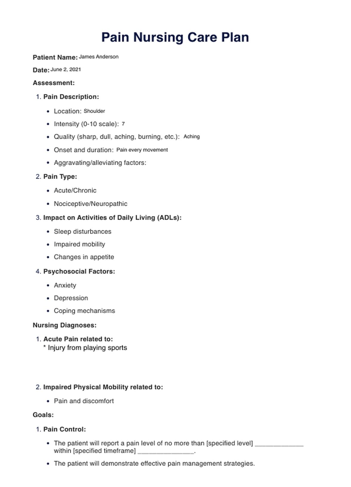 Pain Nursing Care Plan PDF Example