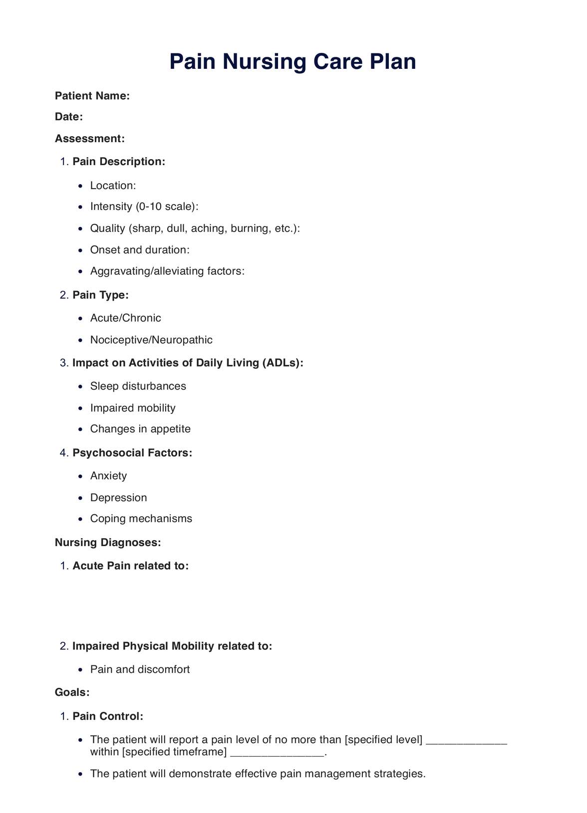 Pain Nursing Care Plan PDF Example