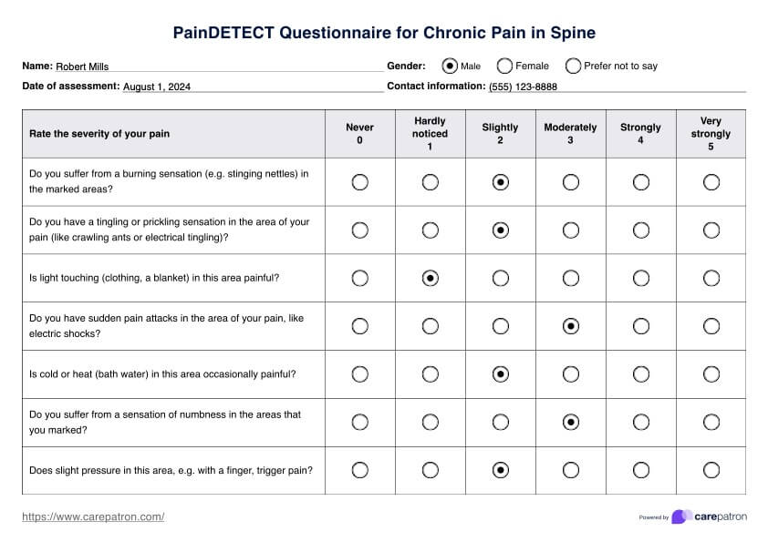 PainDETECT Questionnaire for Chronic Pain in Spine PDF Example