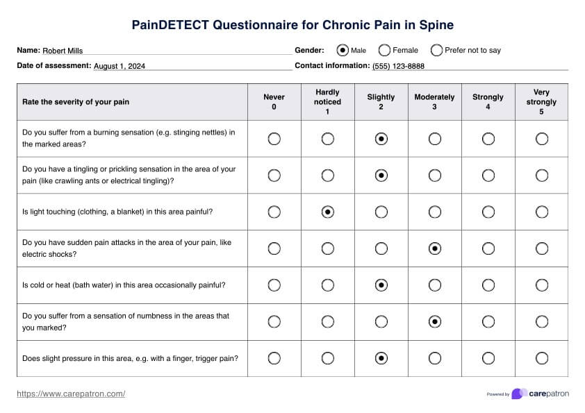 Cuestionario PainDETECT para el dolor crónico en la columna PDF Example