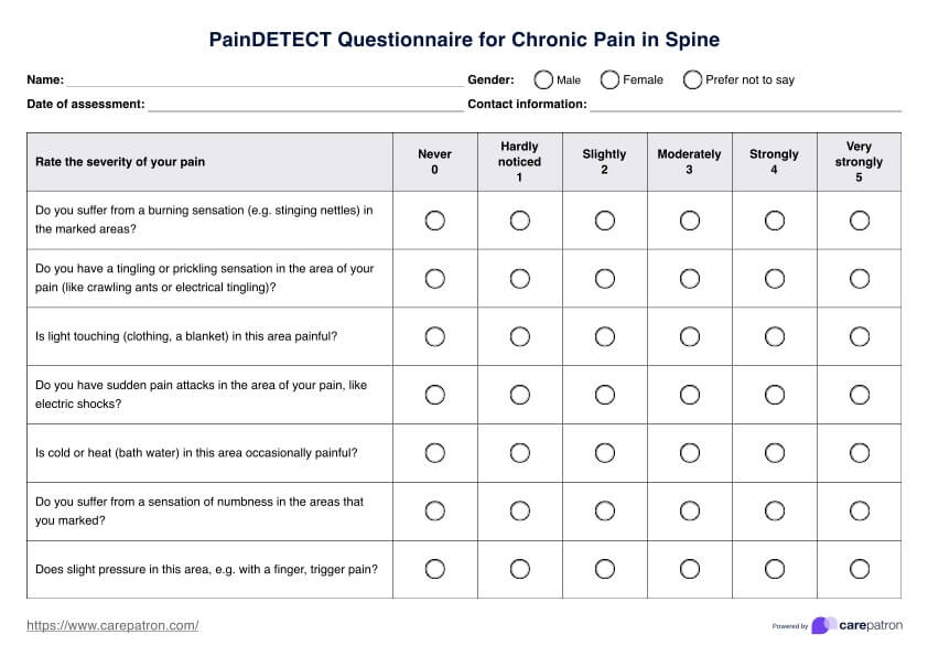 PainDETECT Questionnaire for Chronic Pain in Spine PDF Example