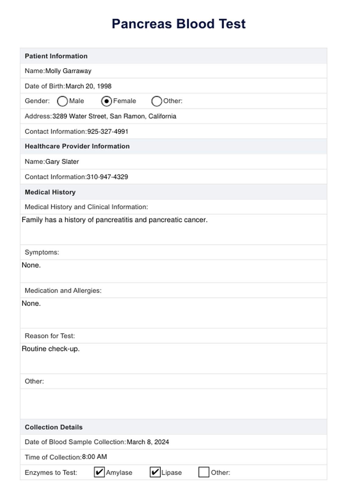 Pancreas Blood Test PDF Example