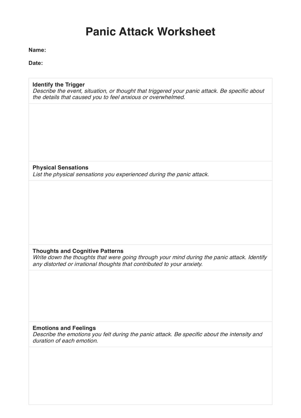 Panic Attack Worksheet PDF Example