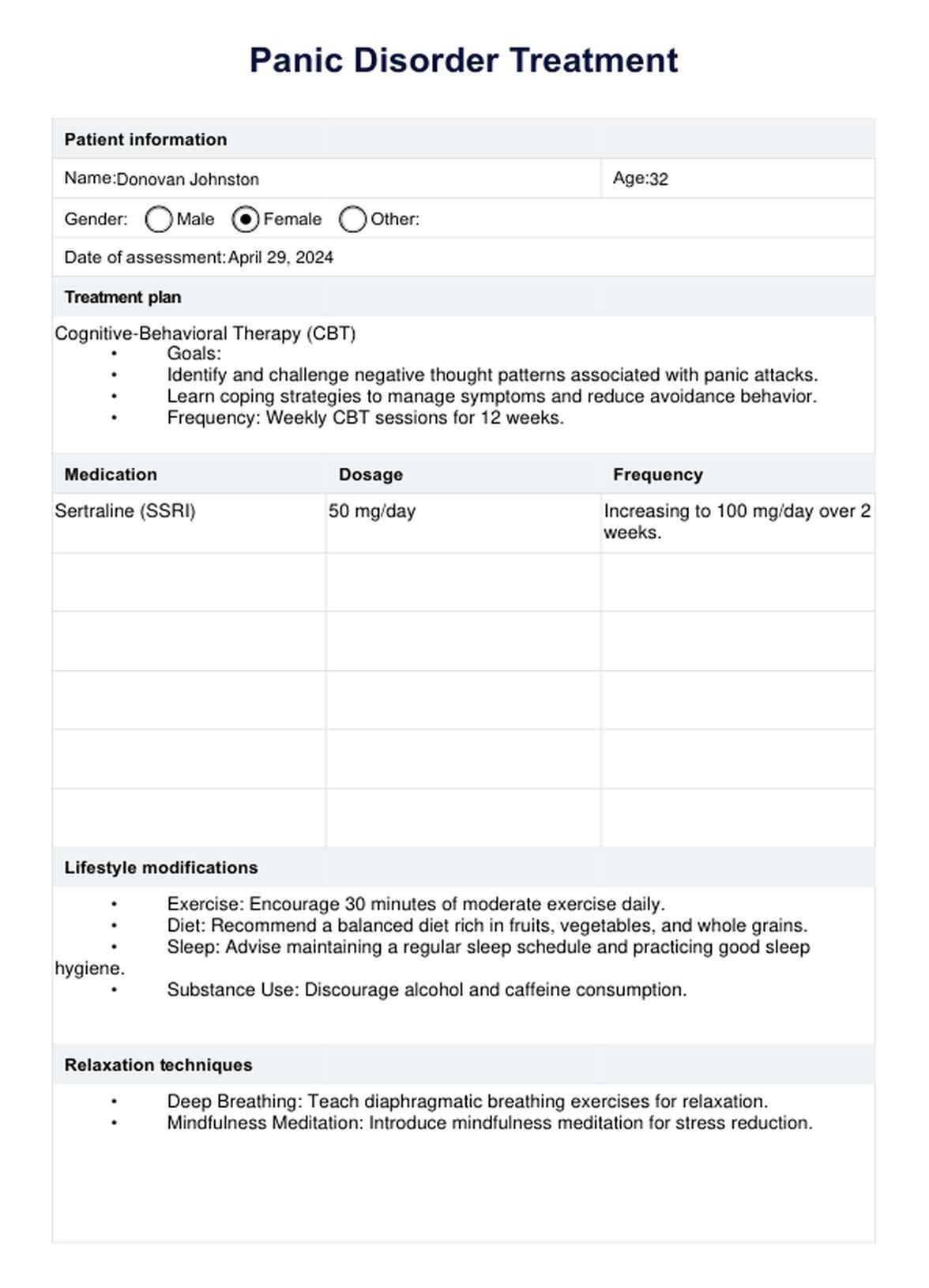 Plantilla de Tratamiento del trastorno de pánico PDF Example