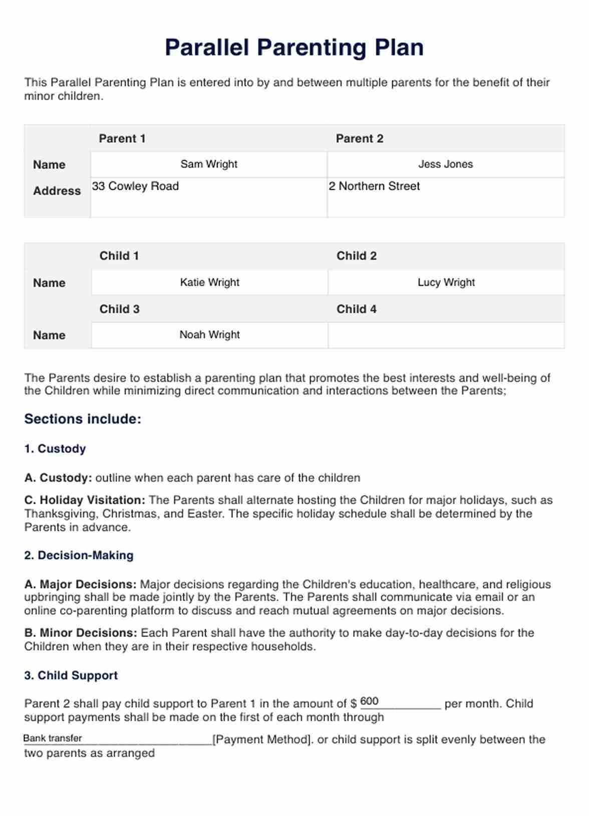 Parallel Parenting Plan PDF Example