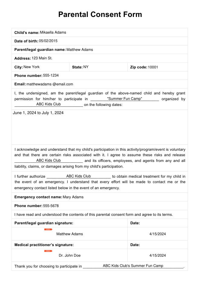 Formular zur elterlichen Einwilligung PDF Example