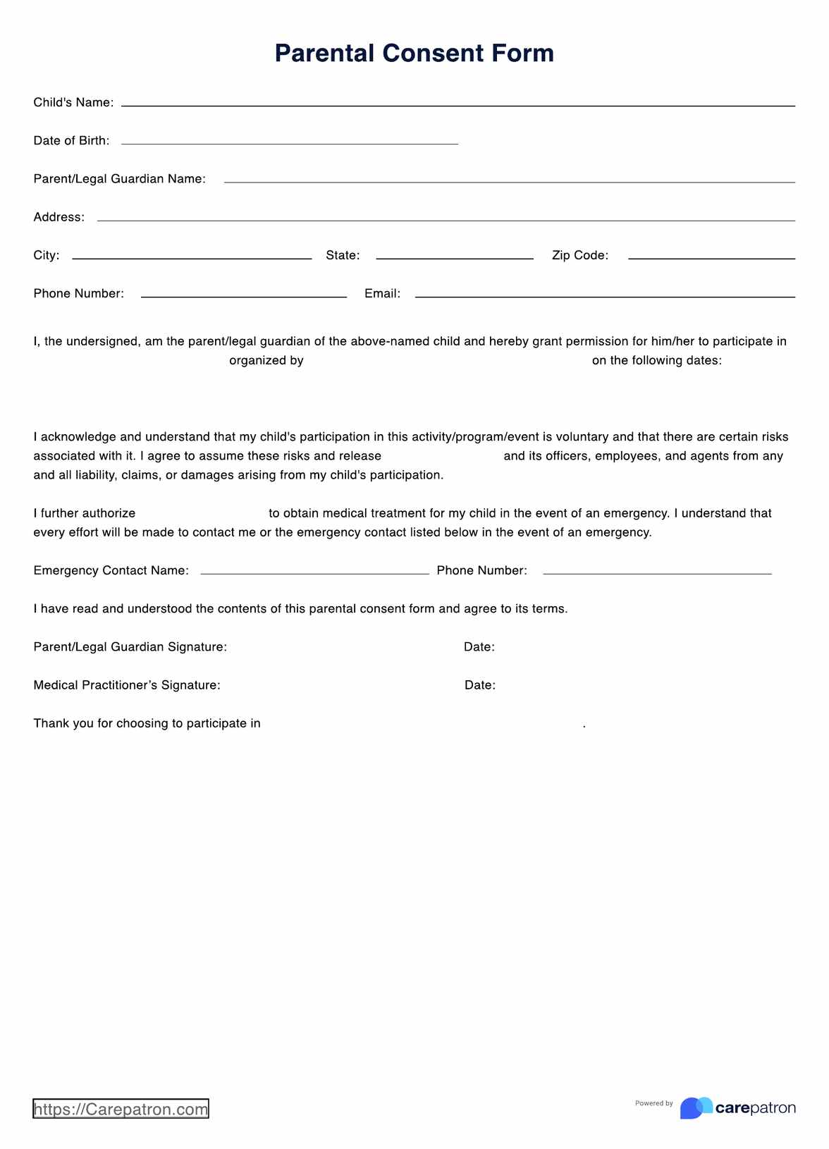 Parental Consent Form PDF Example