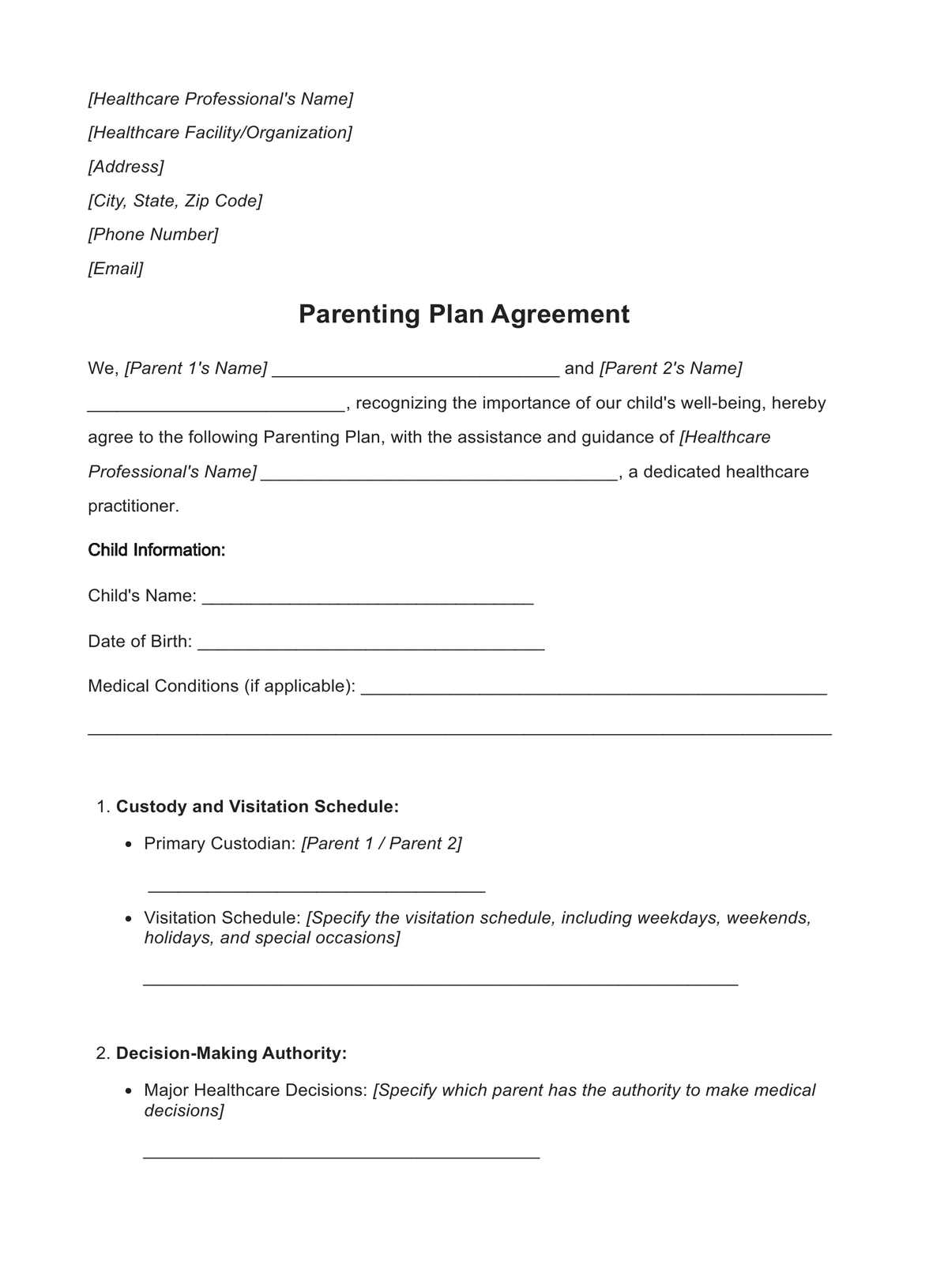 Parenting Plan PDF Example