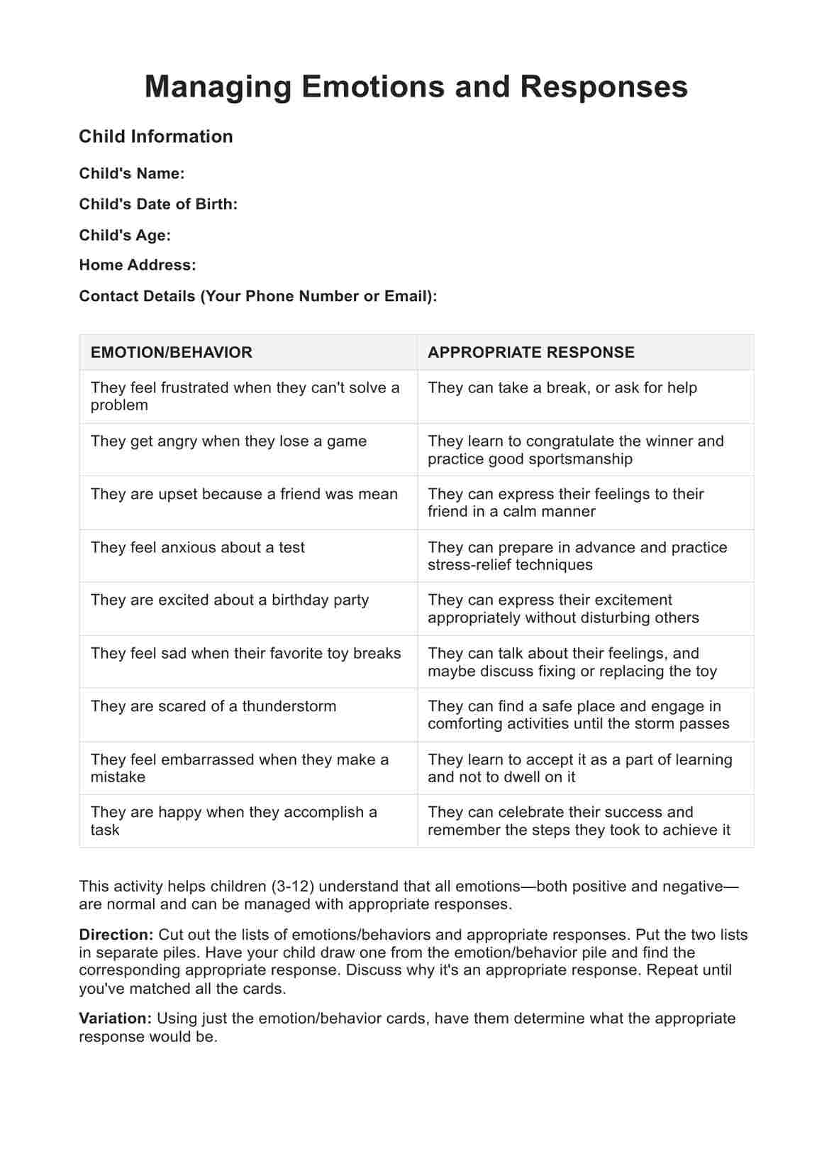 Parenting Skills Worksheets PDF Example