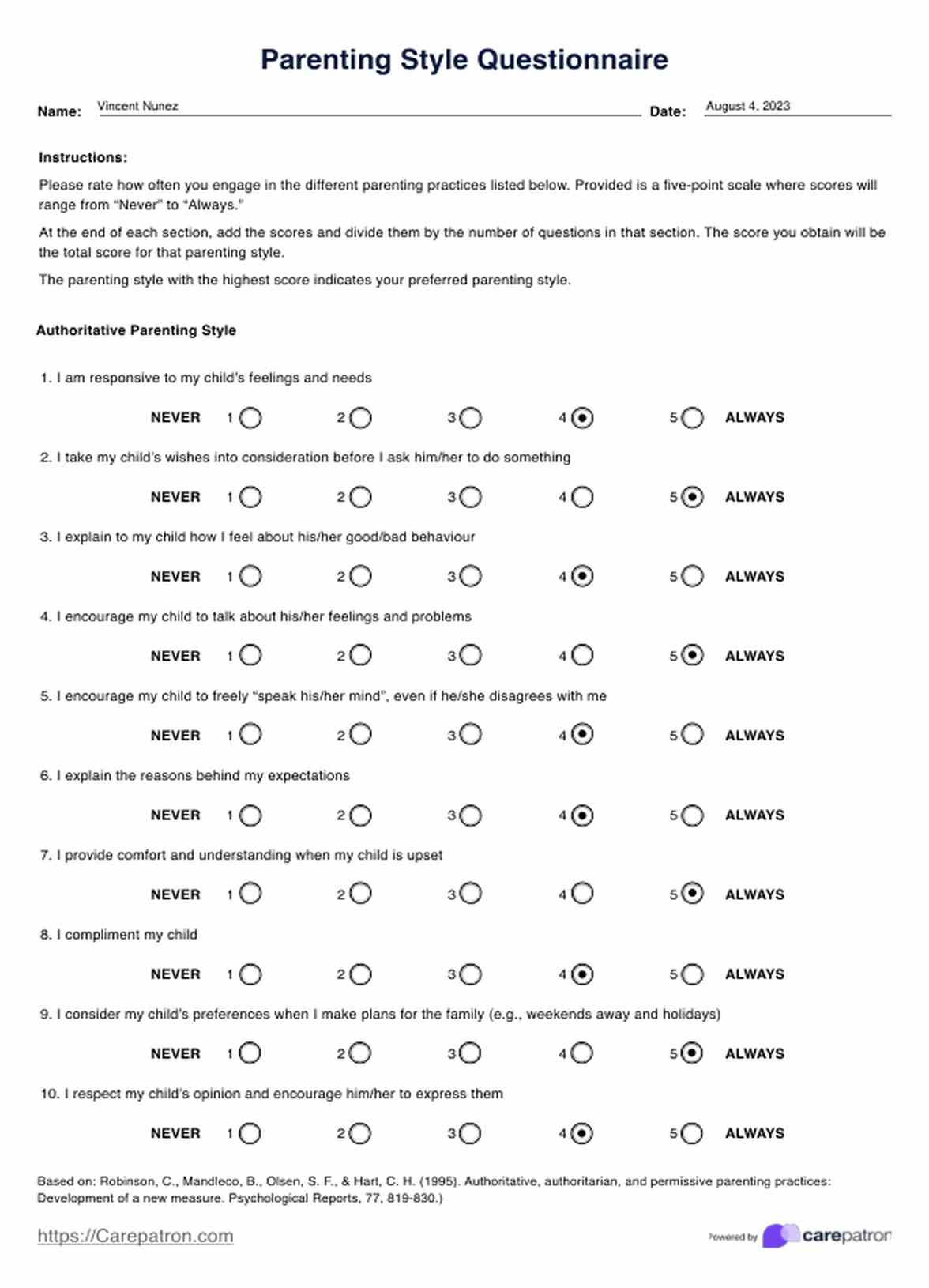 Parenting Styles Questionnaires PDF Example