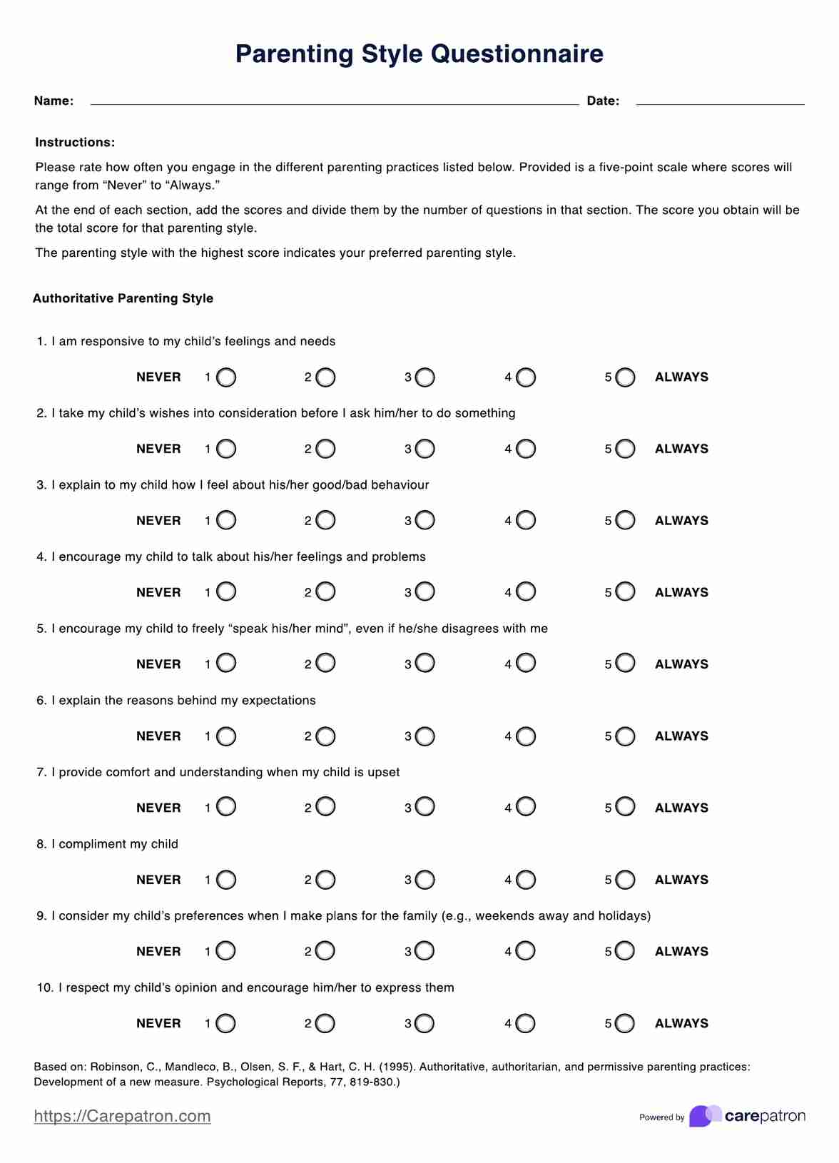 Parenting Styles Questionnaires PDF Example