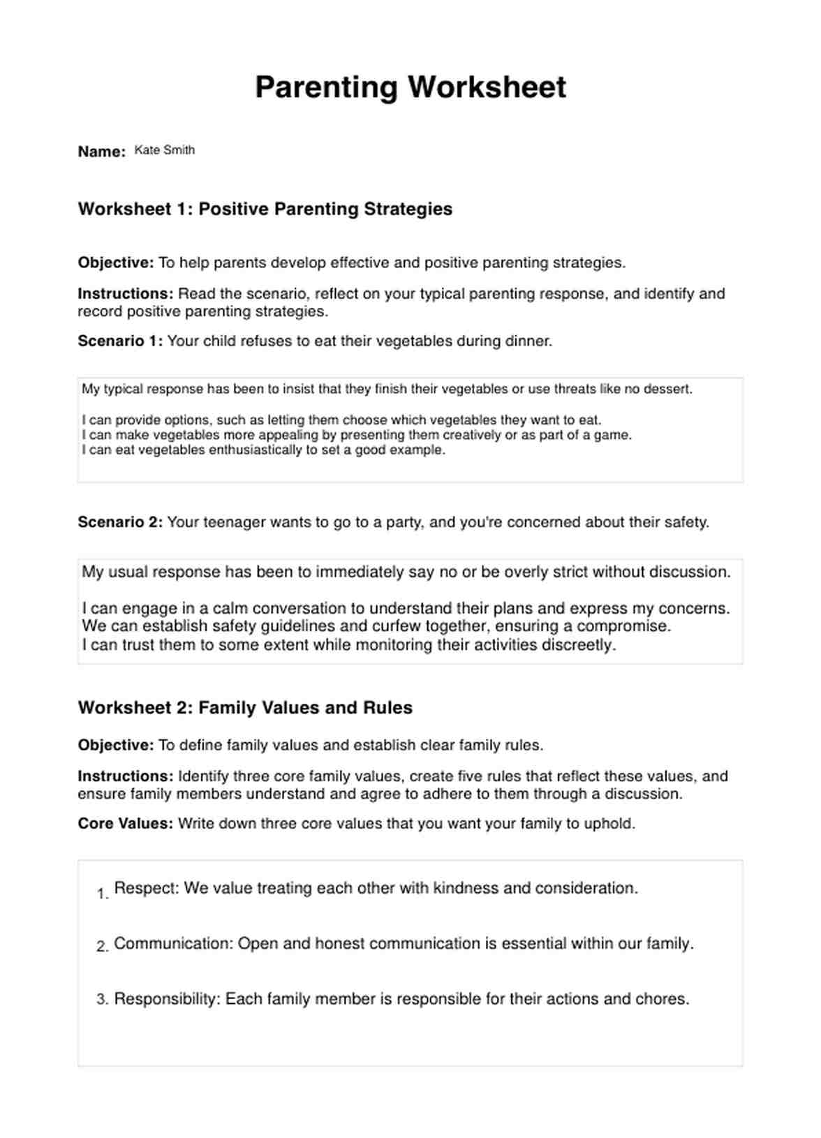 Parenting Worksheets PDF Example