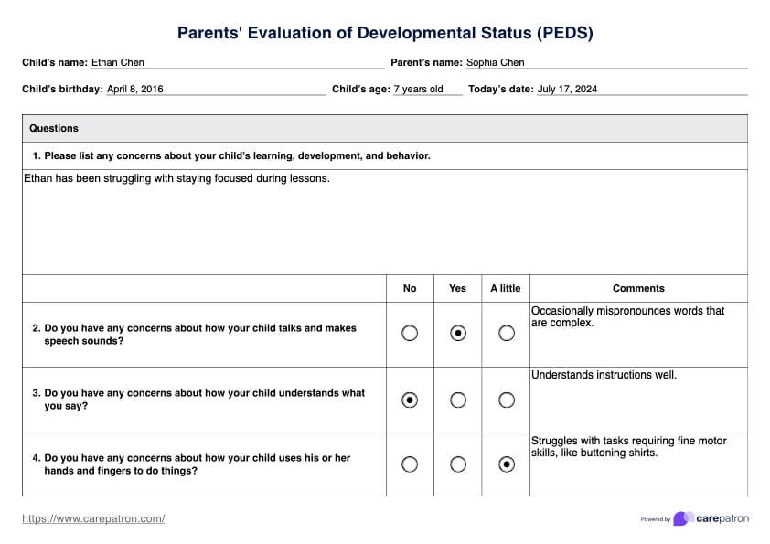 Parents' Evaluation of Developmental Status (PEDS) PDF Example